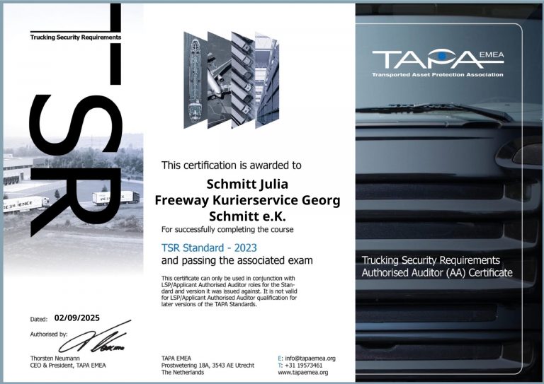 TAPA TSR Zertifikat Freeway Kurierservice Georg Schmitt e.K. Mainz